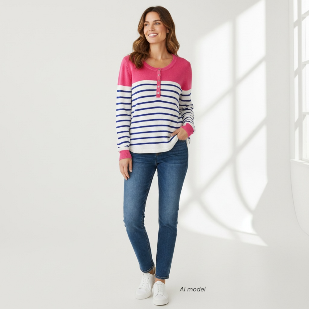 Lilly Pultizer Sweater Womens Large Pink Lux Henley Colorblock Stripe All Cotton